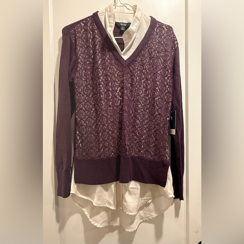 Simply Vera Purple V-Neck‎ Lace Twofer Sweater Size Small